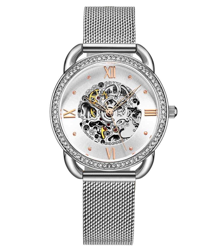 Stührling Nexus Mesh Automatic 36mm Skeleton - Silver Dial / Silver Case / Silver Stainless Steel Bracelet Silver Foldover Buckle