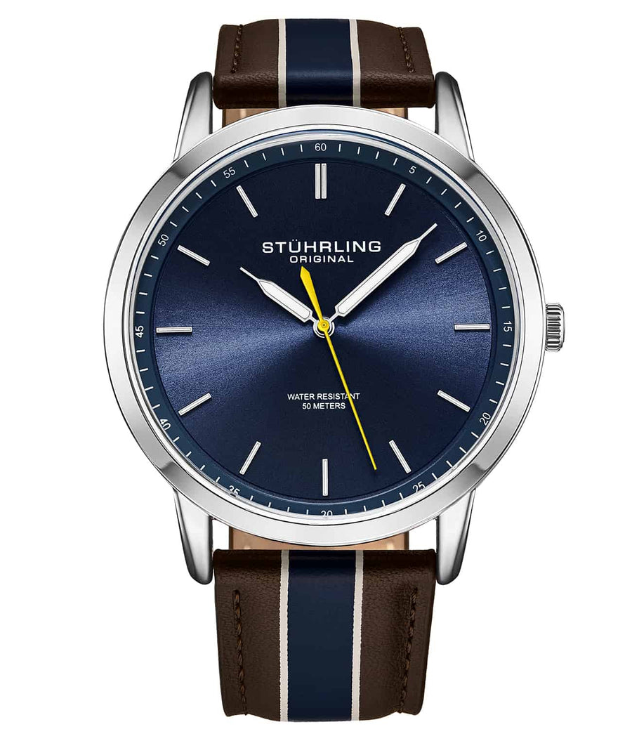 Stührling Trailblazer Quartz 44mm Classic - Blue Dial/Silver Case/Leather Strap