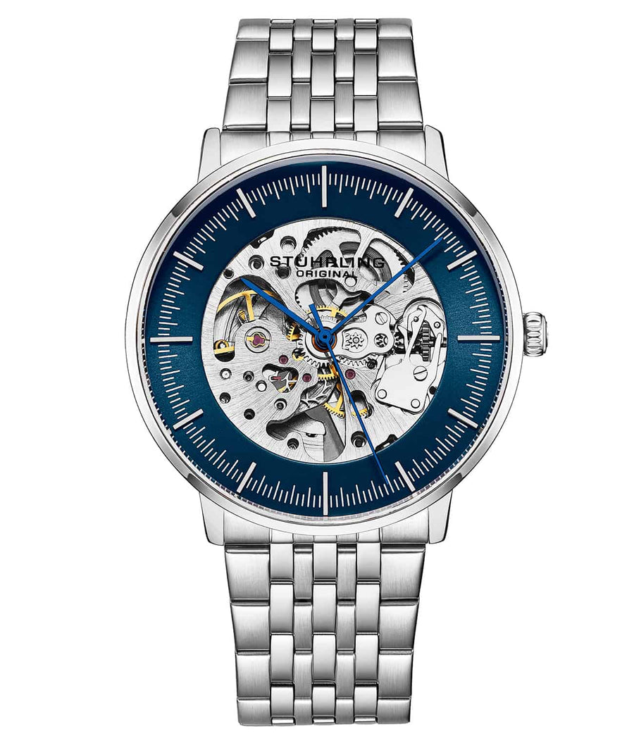 Stührling The Eternal 3994 Automatic Skeleton 42mm - Blue Dial/Silver Case/Silver Bracelet