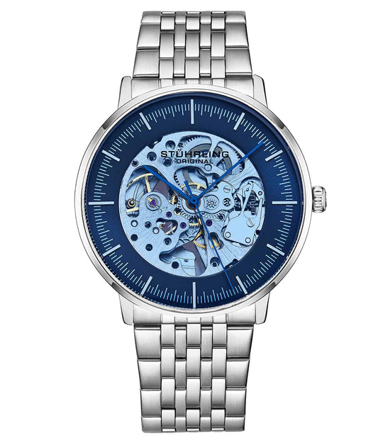 Stührling The Eternal Spectrum Automatic Skeleton 42mm - Blue Dial / Silver Case / Silver Stainless Steel Bracelet Silver Deployant Buckle