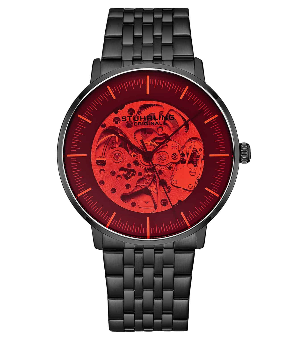 Stührling The Eternal Spectrum Automatic Skeleton 42mm - Red Dial / Black Case / Black Stainless Steel Bracelet Black Deployant Buckle