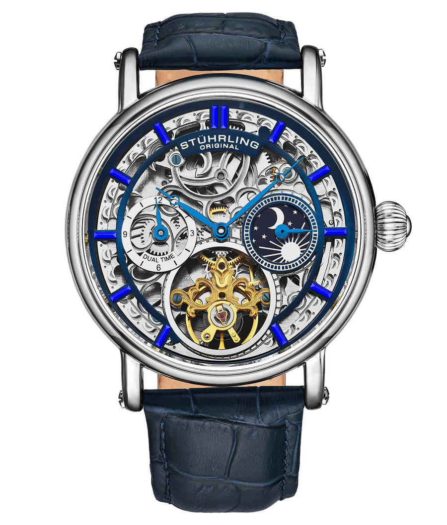 Stührling Macrocosm 4000 Automatic 43mm Skeleton with Dual Time - Blue Dial / Silver Case / Blue Band
