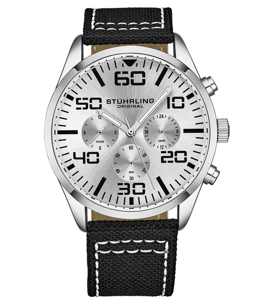 Stührling Sky Navigator Quartz Aviator 42mm - Silver Dial / Silver Case / Black Nylon Strap Silver Tang Buckle