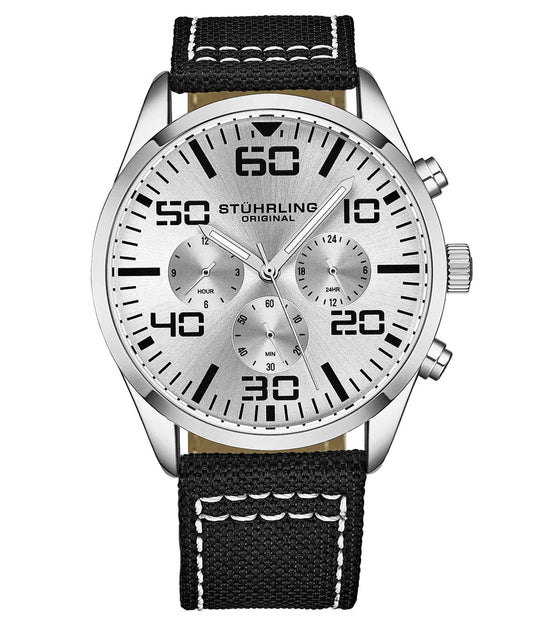 Stührling Sky Navigator Quartz Aviator 42mm - Silver Dial / Silver Case / Black Nylon Strap Silver Tang Buckle