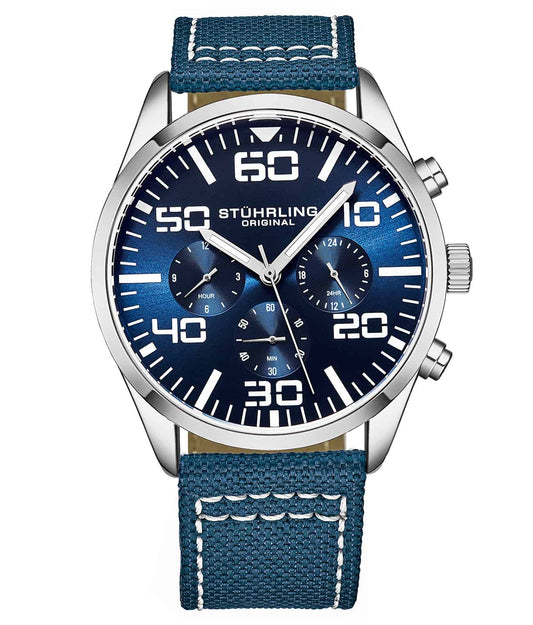 Stührling Sky Navigator Quartz Aviator 42mm - Blue Dial / Silver Case / Blue Nylon Strap Silver Tang Buckle
