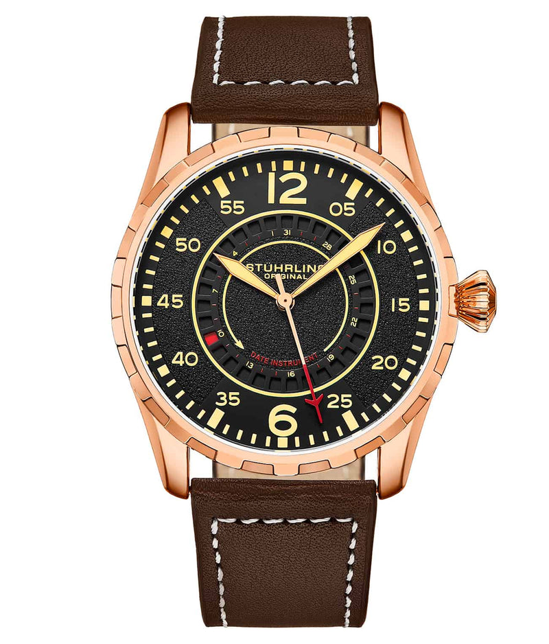 Stührling 4002 Quartz 44mm Aviator - Black Dial/ Rose Case/ Brown Leather Strap