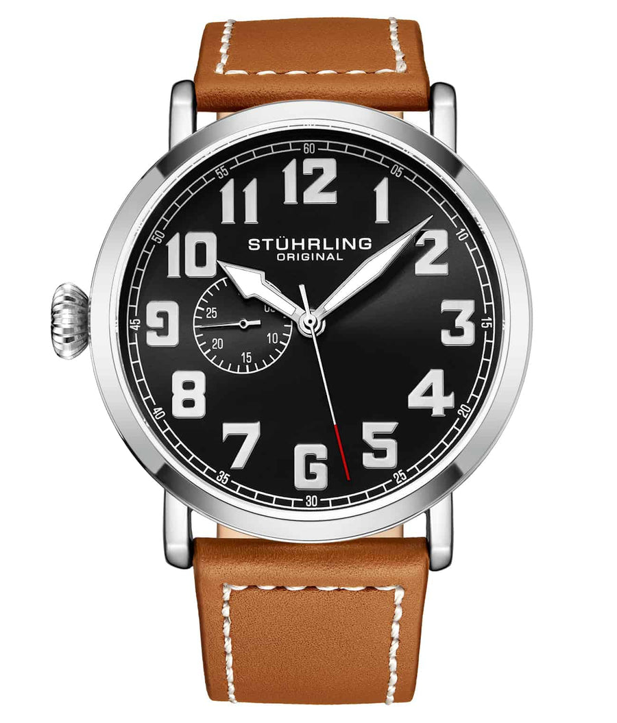Stührling Albatross Quartz 45mm Aviator - Black Dial / Silver Case / Light Brown Leather Strap Silver Tang Buckle