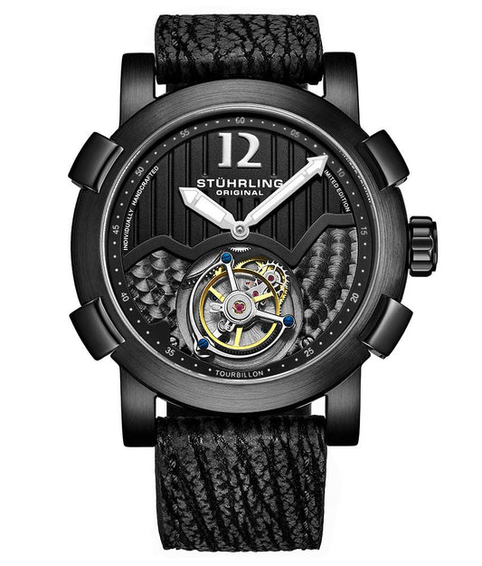 Stührling Devilray Tourbillon 407A Hand-wind 44mm - Black Dial / Black Case / Black Strap Tang Buckle