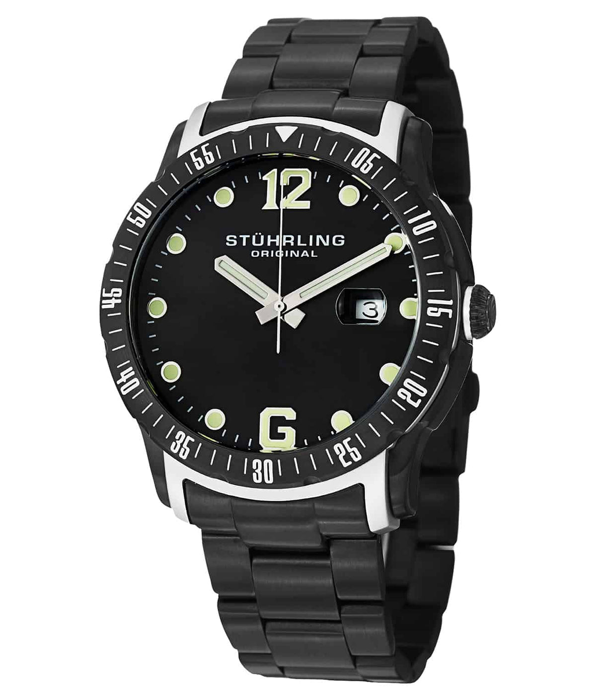 Stührling Trofeo 421 Quartz 45mm Diver - Black Dial / Black PVD Case / Black Stainless Steel Bracelet Deployant Buckle
