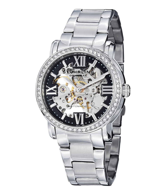 Stührling Lady Winchester Supreme 430L Automatic 38mm Skeleton - Black Dial / Silver Case / Silver Stainless Steel Bracelet Deployant Buckle
