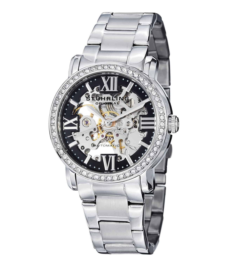Stührling Lady Winchester Supreme 430L Automatic 38mm Skeleton - Black Dial / Silver Case / Silver Stainless Steel Bracelet Deployant Buckle