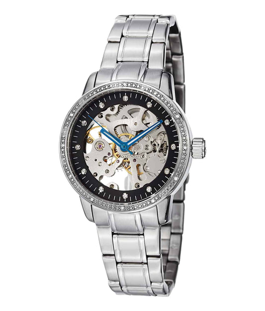 Stührling Lady Delphi 436 Automatic 36mm Skeleton - Black Dial / Silver Case / Silver Stainless Steel Bracelet Deployant Buckle