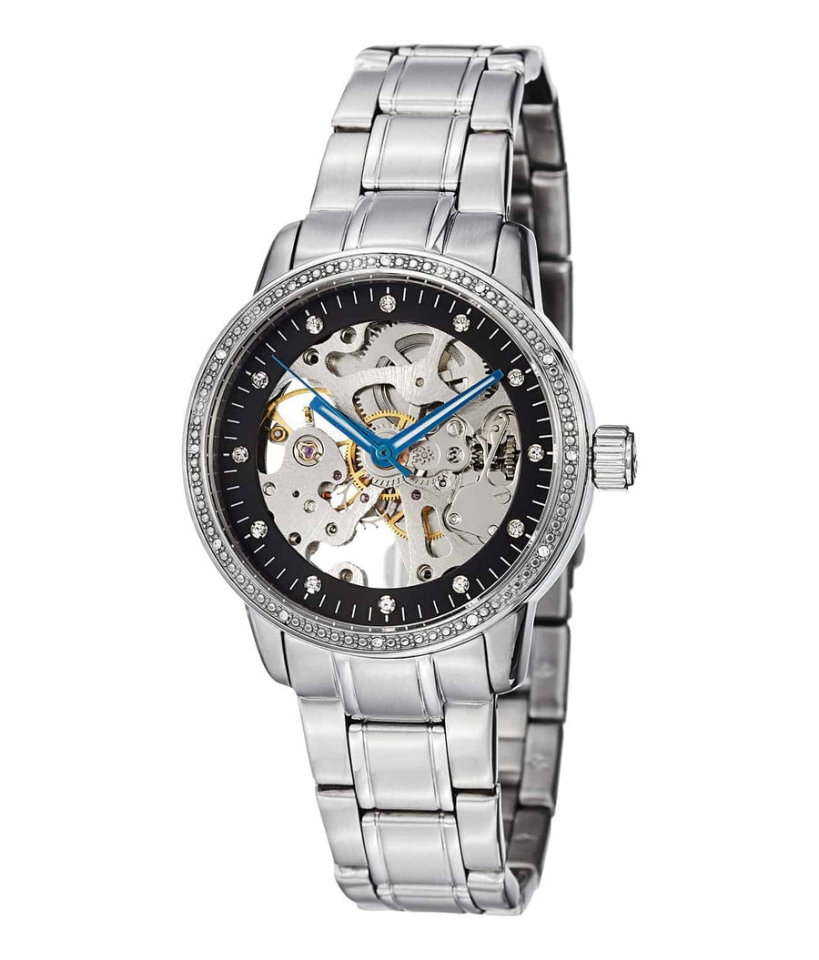 Stührling Lady Delphi 436 Automatic 36mm Skeleton - Black Dial / Silver Case / Silver Stainless Steel Bracelet Deployant Buckle