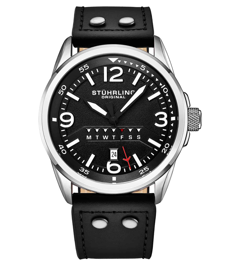 Stührling 447A Quartz 44mm Aviator - Black Dial / Silver Case / Black Leather Strap Silver Tang Buckle