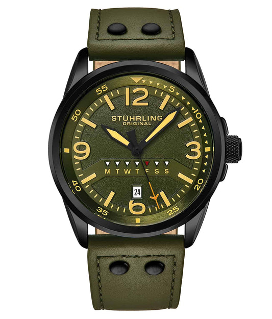 Stührling 447A Quartz 44mm Aviator - Green Dial / Black Case / Green Leather Strap Black Tang Buckle