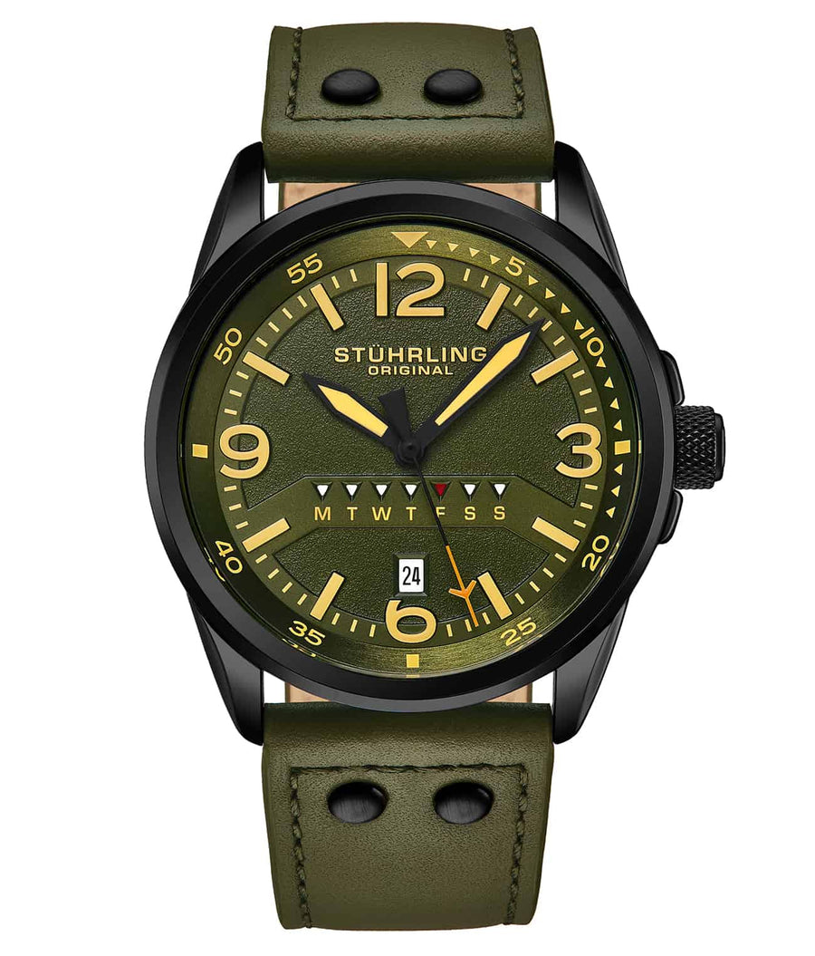 Stührling 447A Quartz 44mm Aviator - Green Dial / Black Case / Green Leather Strap Black Tang Buckle