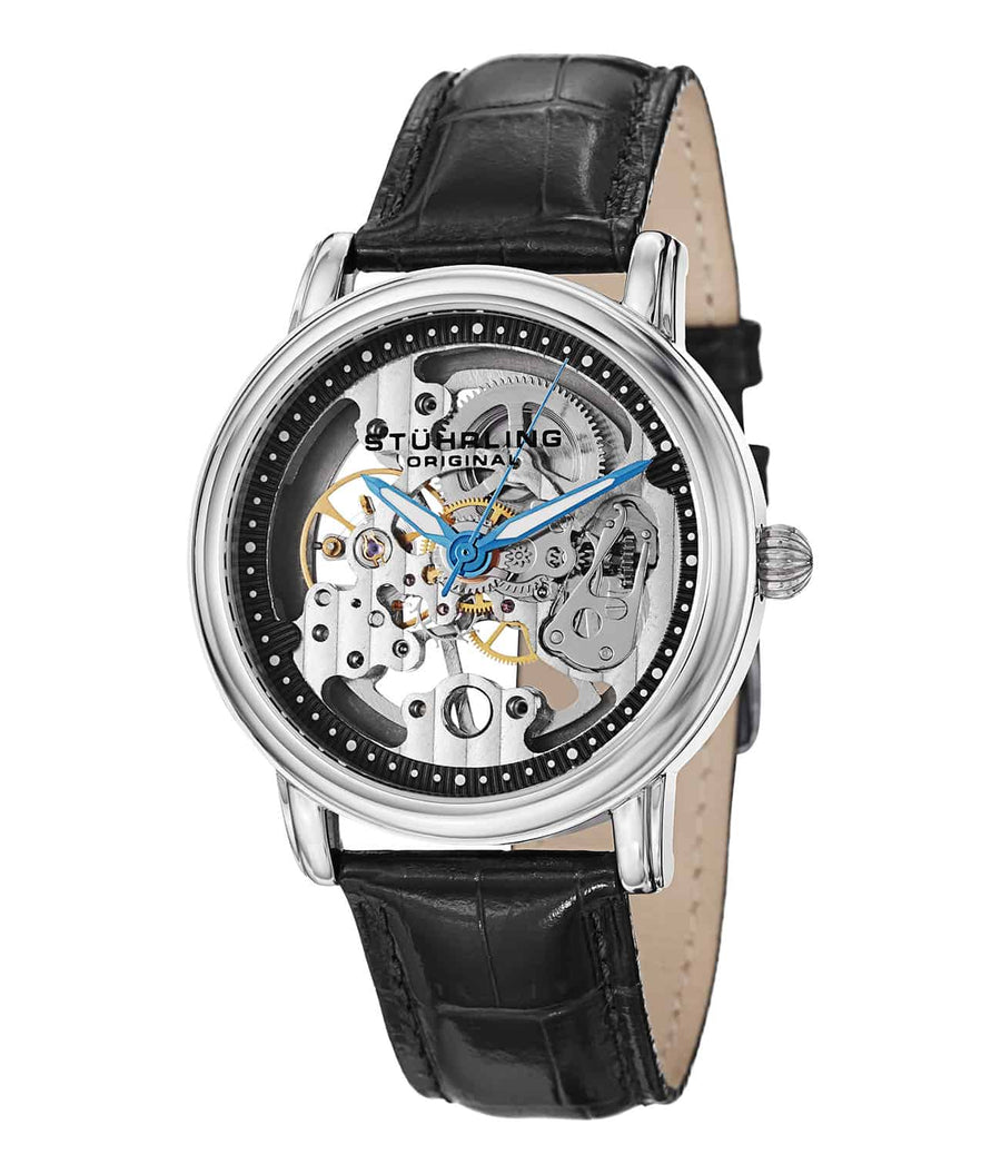 Delphi Mechanical 458G Hand-wind 40mm Skeleton - Black Dial / Silver Case / Black Leather Strap Tang Buckle
