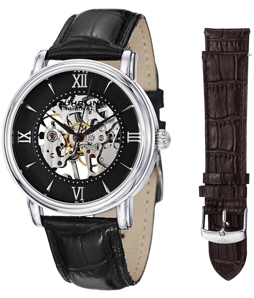 Chamberlain 458G2 Hand-wind 40mm Skeleton - Black Dial / Silver Case / Black Leather Strap Tang Buckle