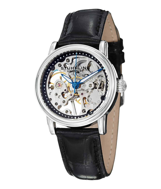 Stührling Lady Delphi Classic 458L Hand-wind 34mm Skeleton - Black Dial / Silver Case / Black Leather Strap Tang Buckle