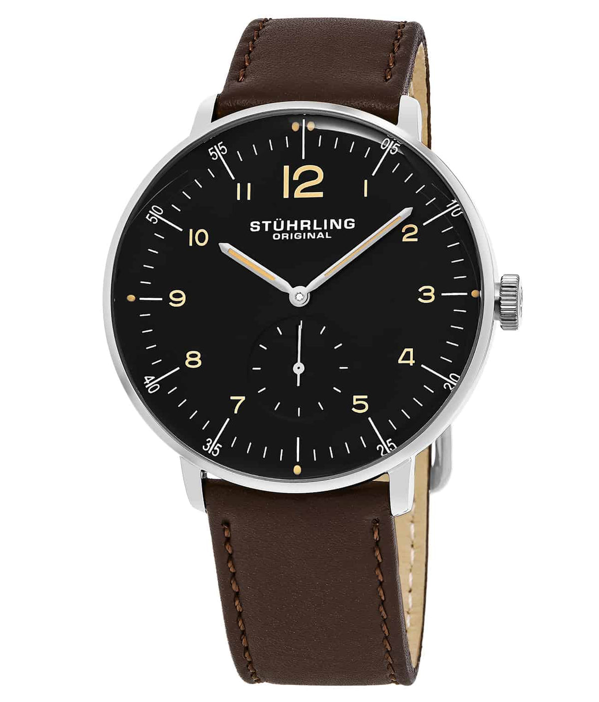 Stührling Vitesse 459 Quartz 42mm Chronograph - Black Dial / Silver Case / Dark Brown Leather Strap Tang Buckle