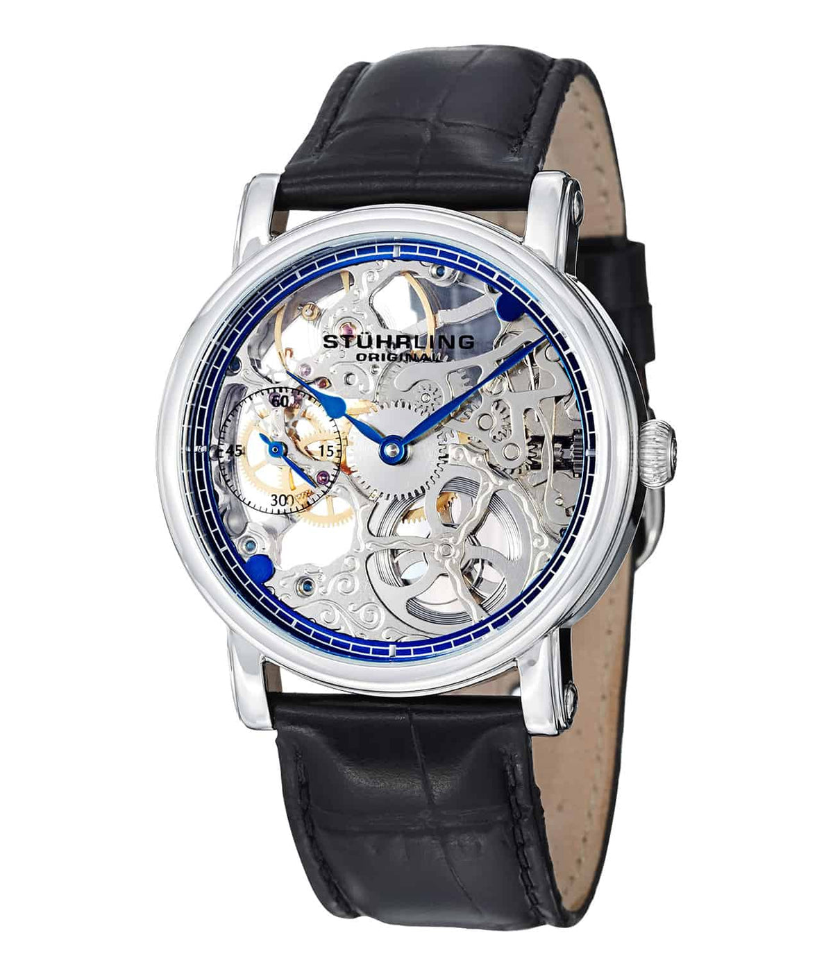 Avon 460G Hand-wind 42mm Skeleton - Blue Dial / Silver Case / Black Leather Strap Tang Buckle