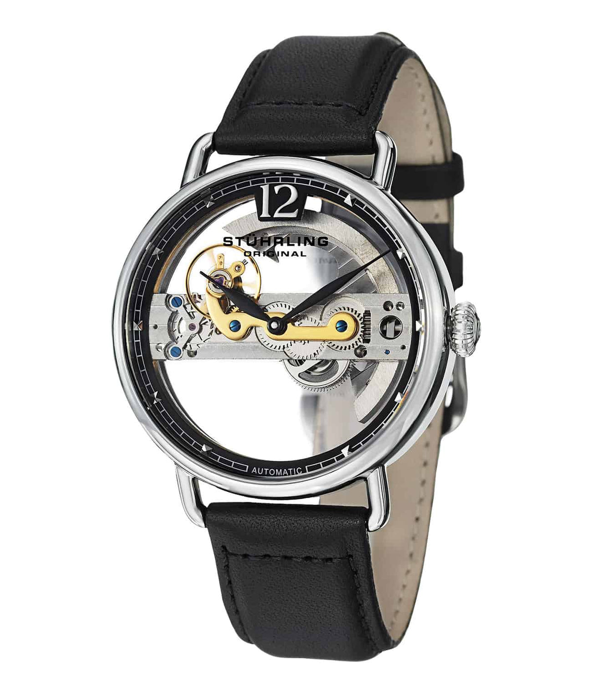 Aristocrat Bridge 465 Automatic 42mm Skeleton - Black Dial / Silver Case / Black Calf Skin Leather Strap Tang Buckle