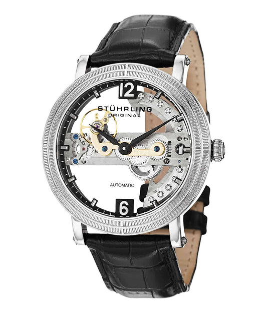 Brumalia Bridge 466 Automatic 43mm Skeleton - Black Dial / Silver Case / Black Leather Strap Deployant Buckle