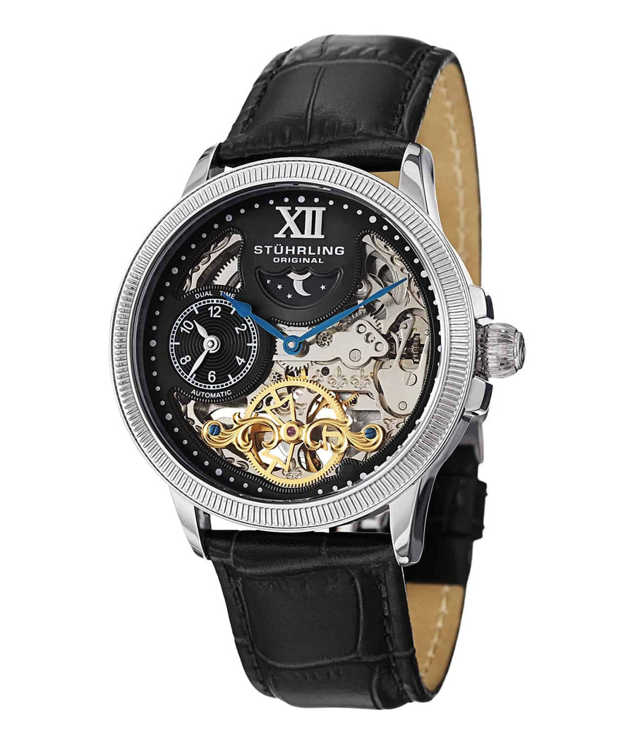 DT Bridge 470 Automatic 42mm Skeleton - Black Dial / Silver Case / Black Leather Strap Deployant Buckle