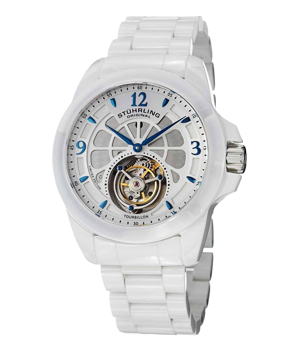 Stührling The Pinnacle 47mm Tourbillon - White Dial / White Case / White Ceramic Bracelet Deployant Buckle