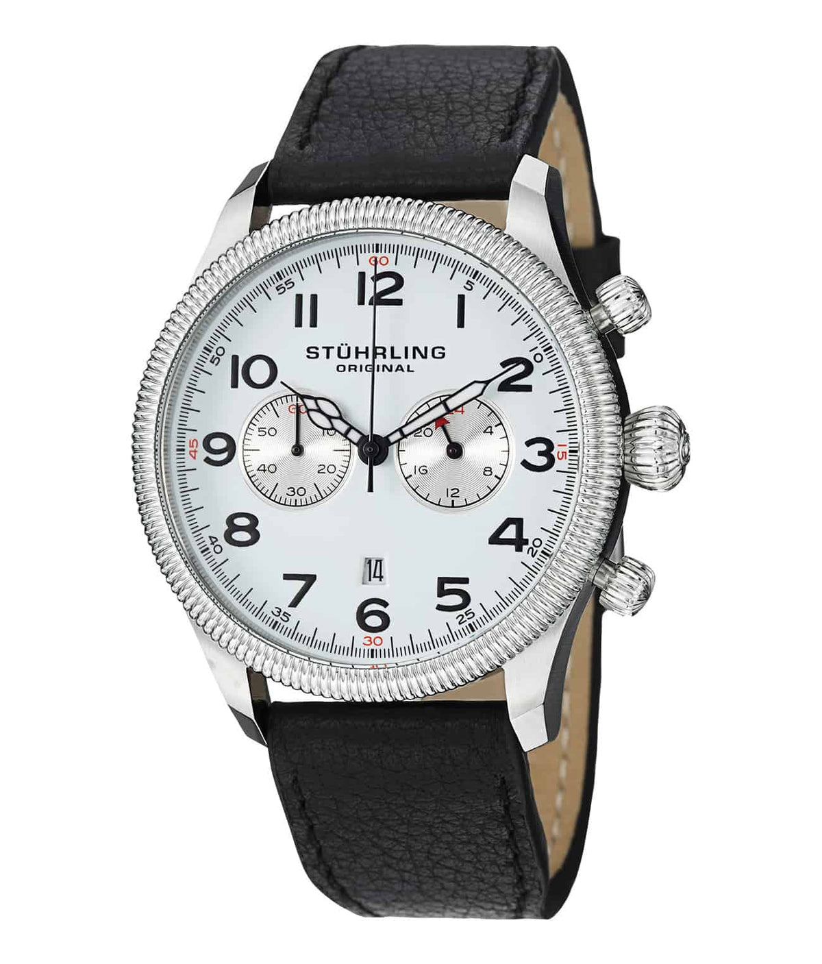 Stührling Velo 482 42mm Chronograph - White Dial / Silver Case / Black Leather Strap Tang Buckle