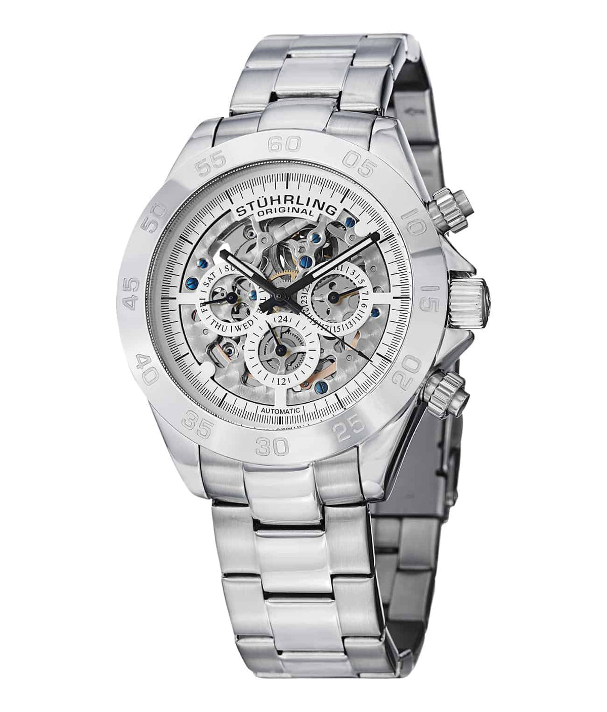 Monaco Elite 487 GMT Automatic 42mm Skeleton - Black Dial / Silver Case / Silver Stainless Steel Bracelet Deployant Buckle