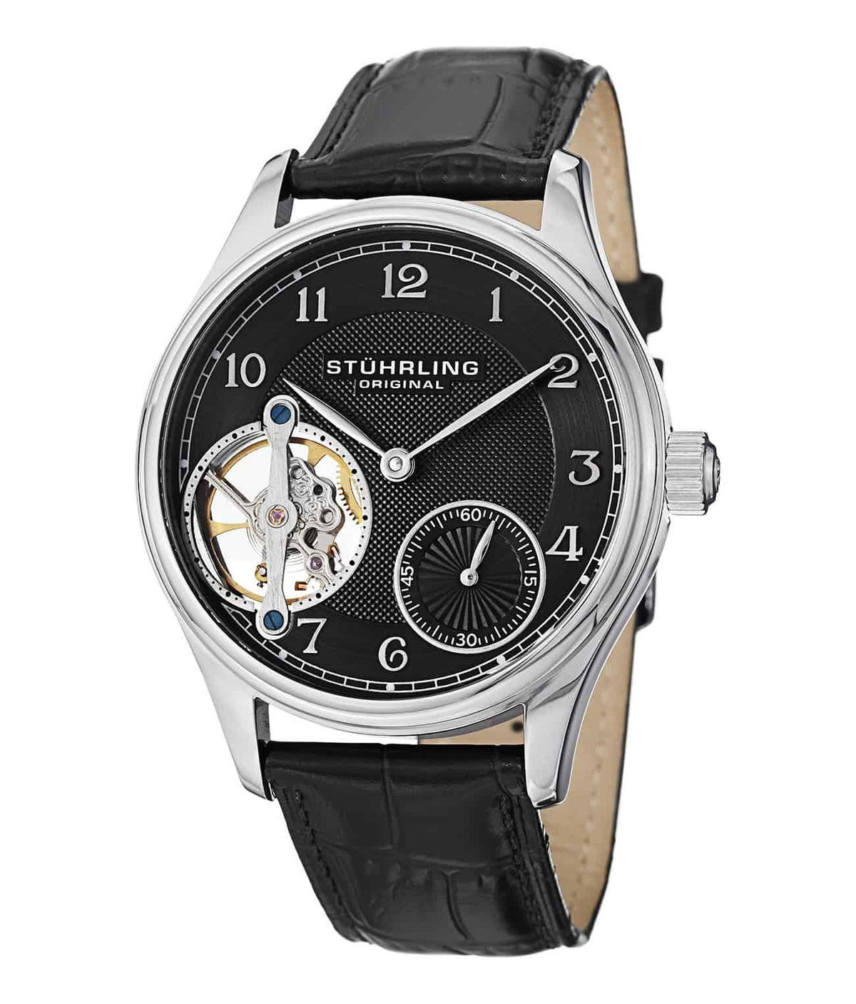 Cuvette Mechanical 492 Hand-wind 44mm Skeleton - Black Dial / Silver Case / Black Leather Strap Tang Buckle