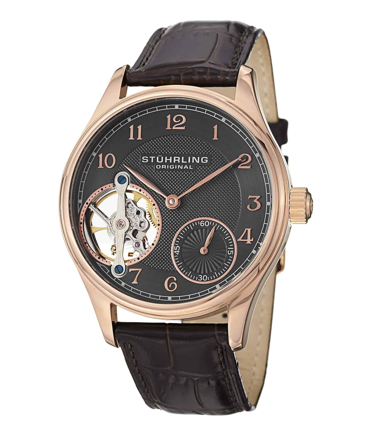 Cuvette Mechanical 492 Hand-wind 44mm Skeleton - Grey Dial / Rose Case / Brown Leather Strap Rose Gold Layered Tang Buckle