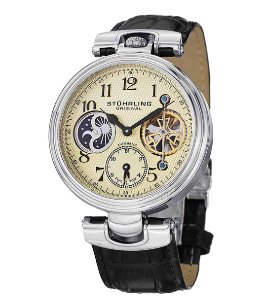 Emperor Dual Time 501 Automatic 44mm Skeleton - Silver Case / Black Leather Strap Deployant Buckle