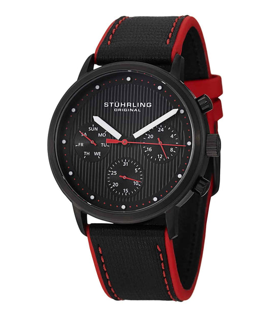Obscure 514 GMT Quartz 42mm Chronograph - Black Dial / Black Case / Red Leather Strap Tang Buckle