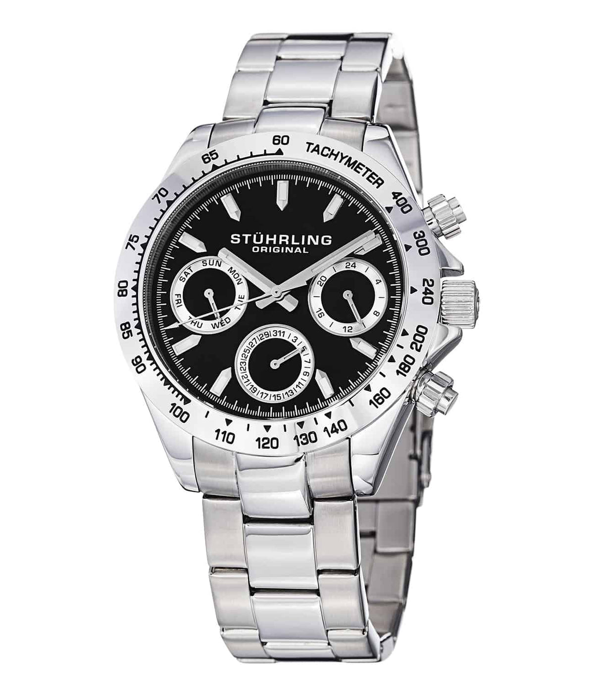 Stührling Triumph Elite 525 Quartz 42mm Chronograph - Black Dial / Silver Case / Silver Stainless Steel Bracelet Deployant Buckle