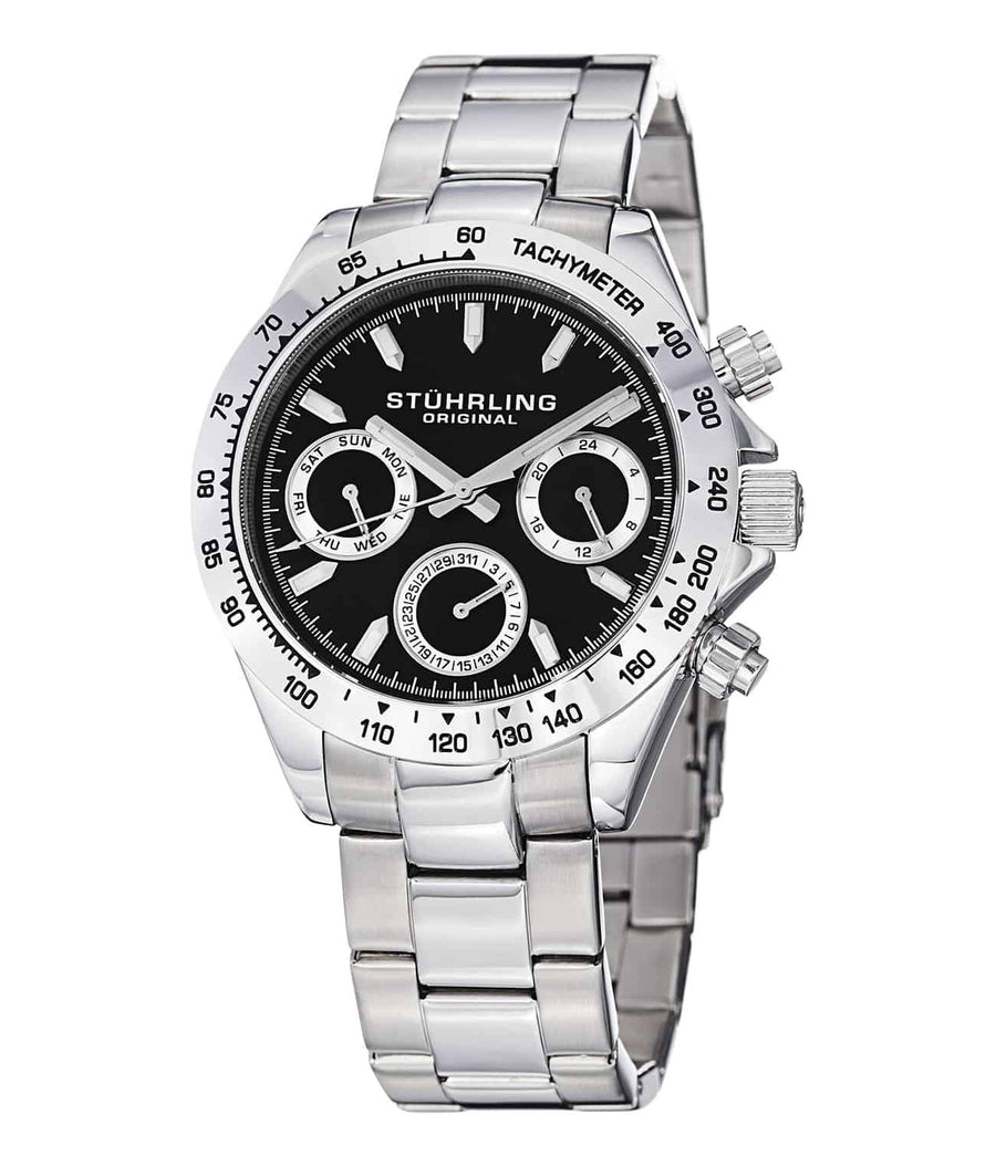 Stührling Triumph Elite 525 Quartz 42mm Chronograph - Black Dial / Silver Case / Silver Stainless Steel Bracelet Deployant Buckle