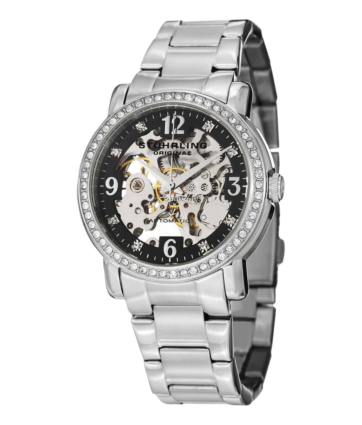 Stührling Lady Canterbury 531L Automatic 38mm Skeleton - Black Dial / Silver Case / Silver Stainless Steel Bracelet Deployant Buckle