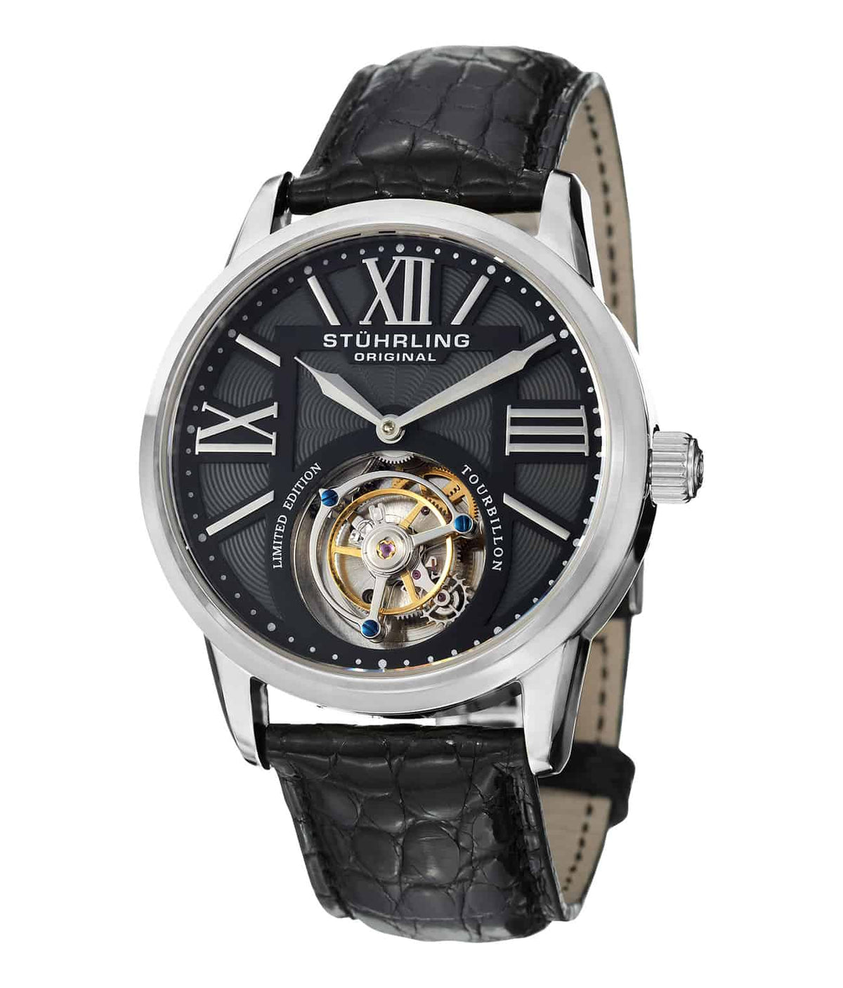 Stührling Imperial Timecraft 42mm Tourbillon - Black Dial / Silver Case / Black Alligator Strap Deployant Buckle