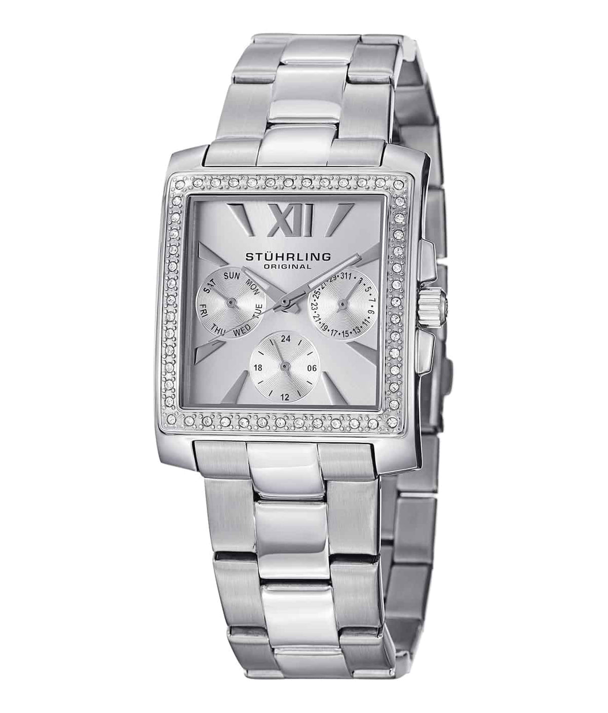 Stührling Victoria 540 GMT Quartz 32mm Chronograph - Silver Dial / Silver Case / Silver Stainless Steel Bracelet Deployant Buckle