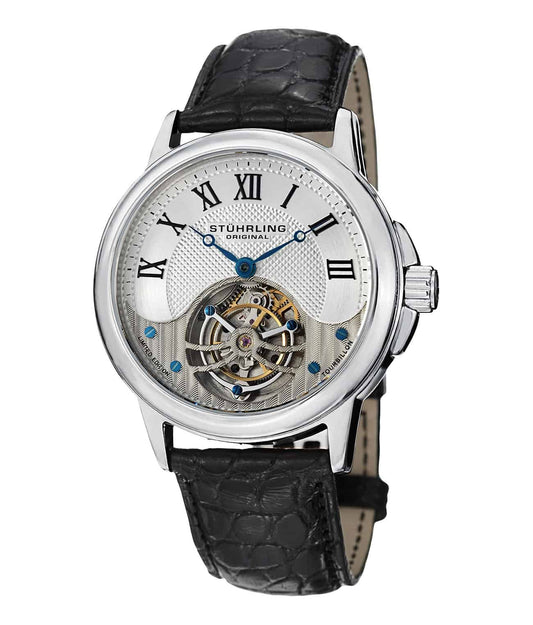 Stührling Triumph 42mm Tourbillon - Silver Dial / Silver Case / Black Alligator Strap Deployant Buckle
