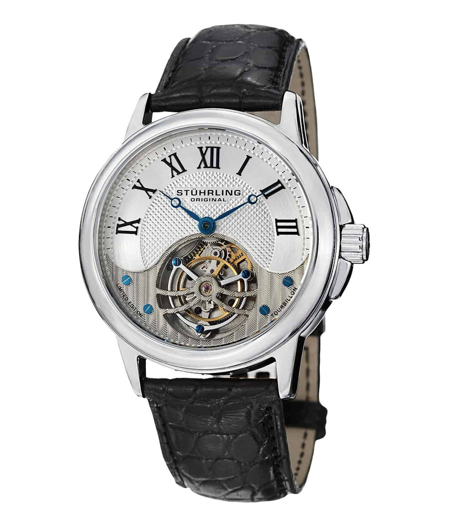Stührling Triumph 42mm Tourbillon - Silver Dial / Silver Case / Black Alligator Strap Deployant Buckle