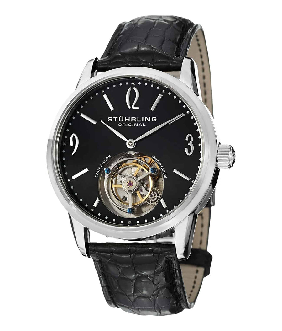 Stührling Cuvette Tourbillon 542 Hand-wind 41mm - Black Dial / Silver Case / Black Alligator Strap Deployant Buckle