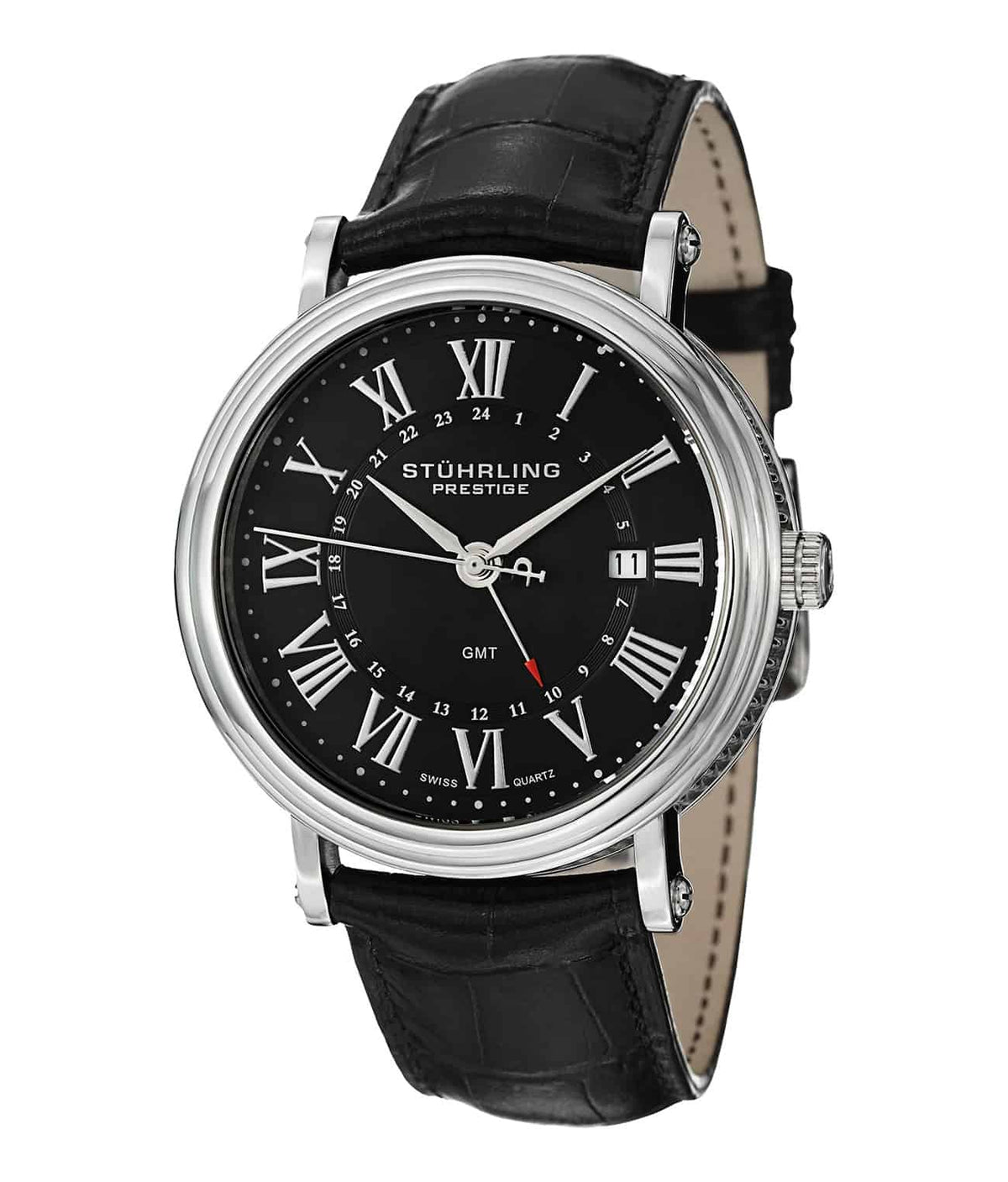 Laureate GMT 545 Quartz 43mm - Black Dial / Silver Case / Black Leather Strap Tang Buckle