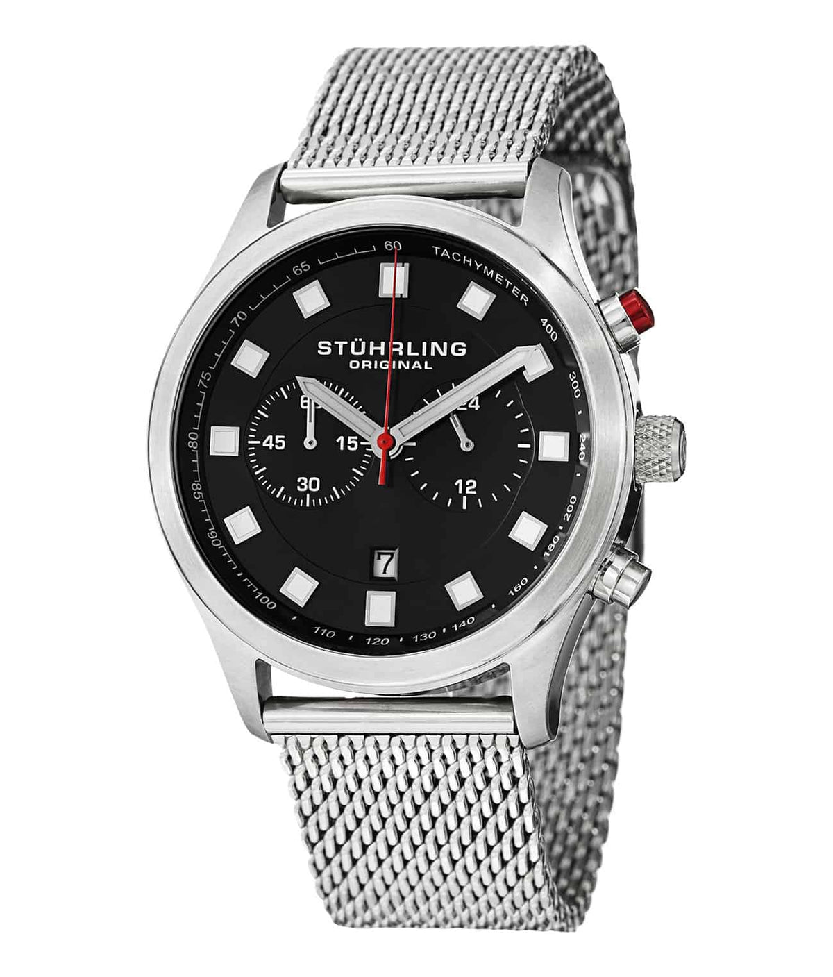 Stührling Victory Elite 562 Quartz 42mm Chronograph - Black Dial / Silver Case / Silver Stainless Steel Bracelet Foldover Buckle