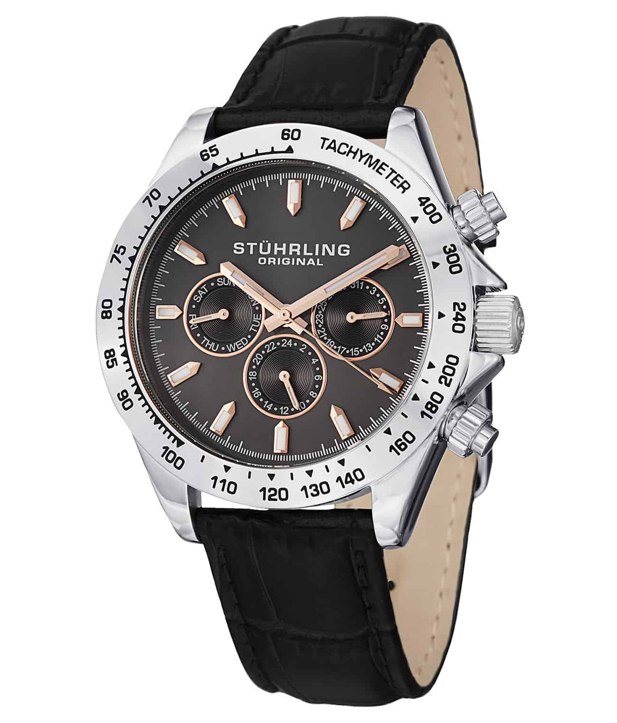 Stührling Triumph Classic 564L GMT Quartz 42mm Chronograph - Grey Dial / Silver Case / Black Leather Strap Tang Buckle