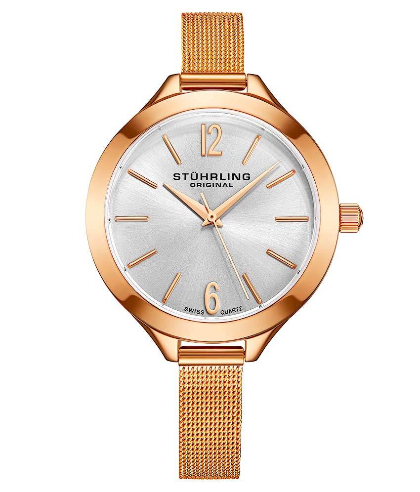 Stührling Deauville 568M Quartz 38mm Fashion - Silver Dial / Rose Case / Rose Stainless Steel Bracelet Rose Gold Layered Foldover Buckle