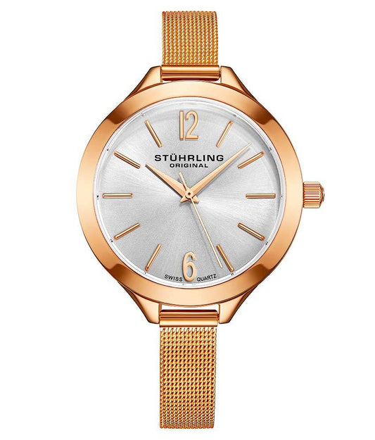 Stührling Deauville 568M Quartz 38mm Fashion - Silver Dial / Rose Case / Rose Stainless Steel Bracelet Rose Gold Layered Foldover Buckle