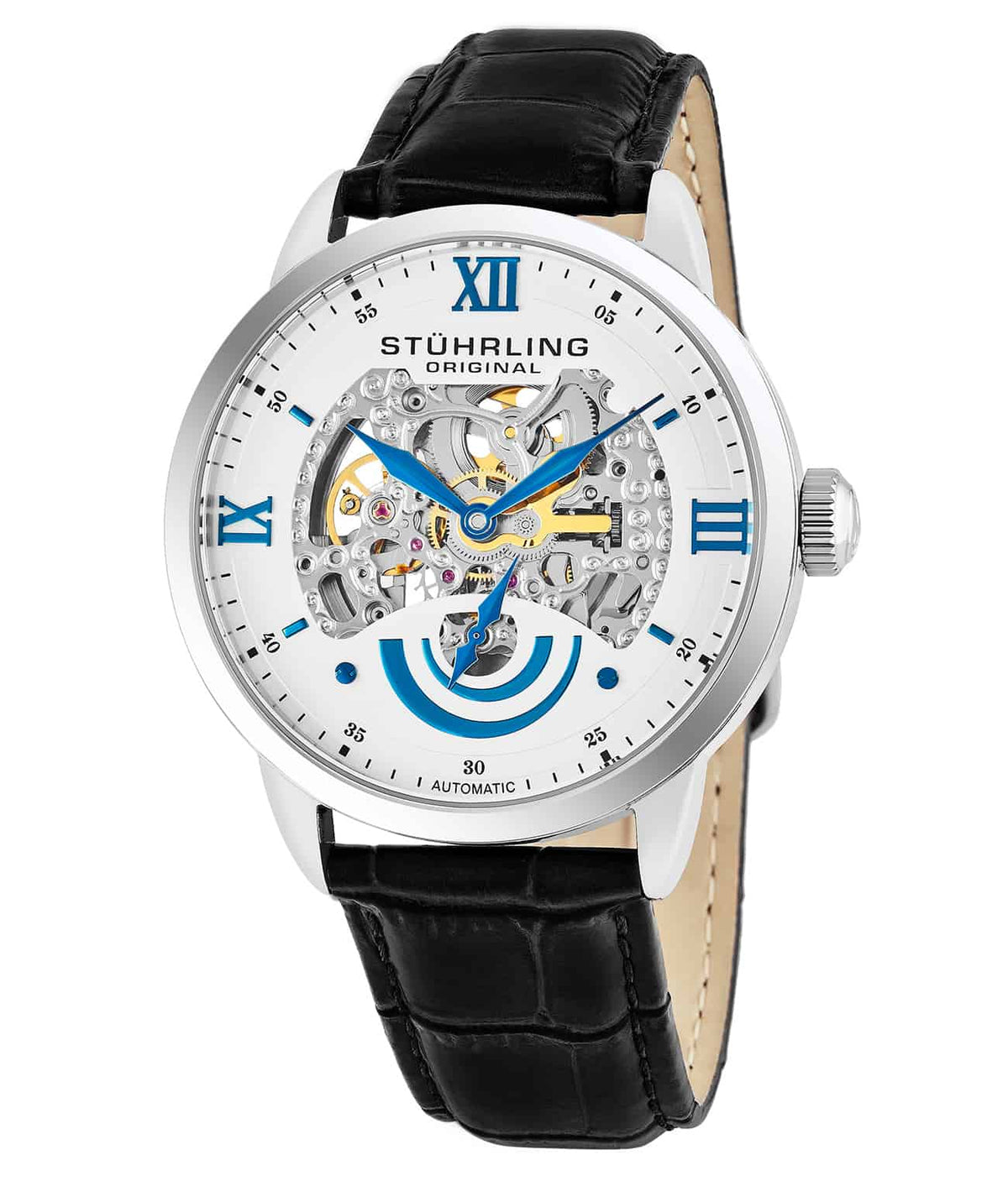 Executive II 574 Automatic 44mm Skeleton - White Dial / Silver Case / Black Leather Strap Tang Buckle