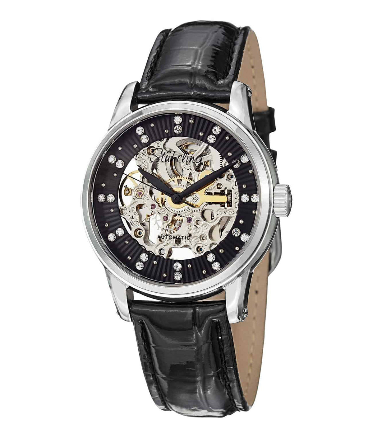 Stella 576 Automatic 37mm Skeleton - Black Dial / Silver Case / Black Leather Strap Tang Buckle